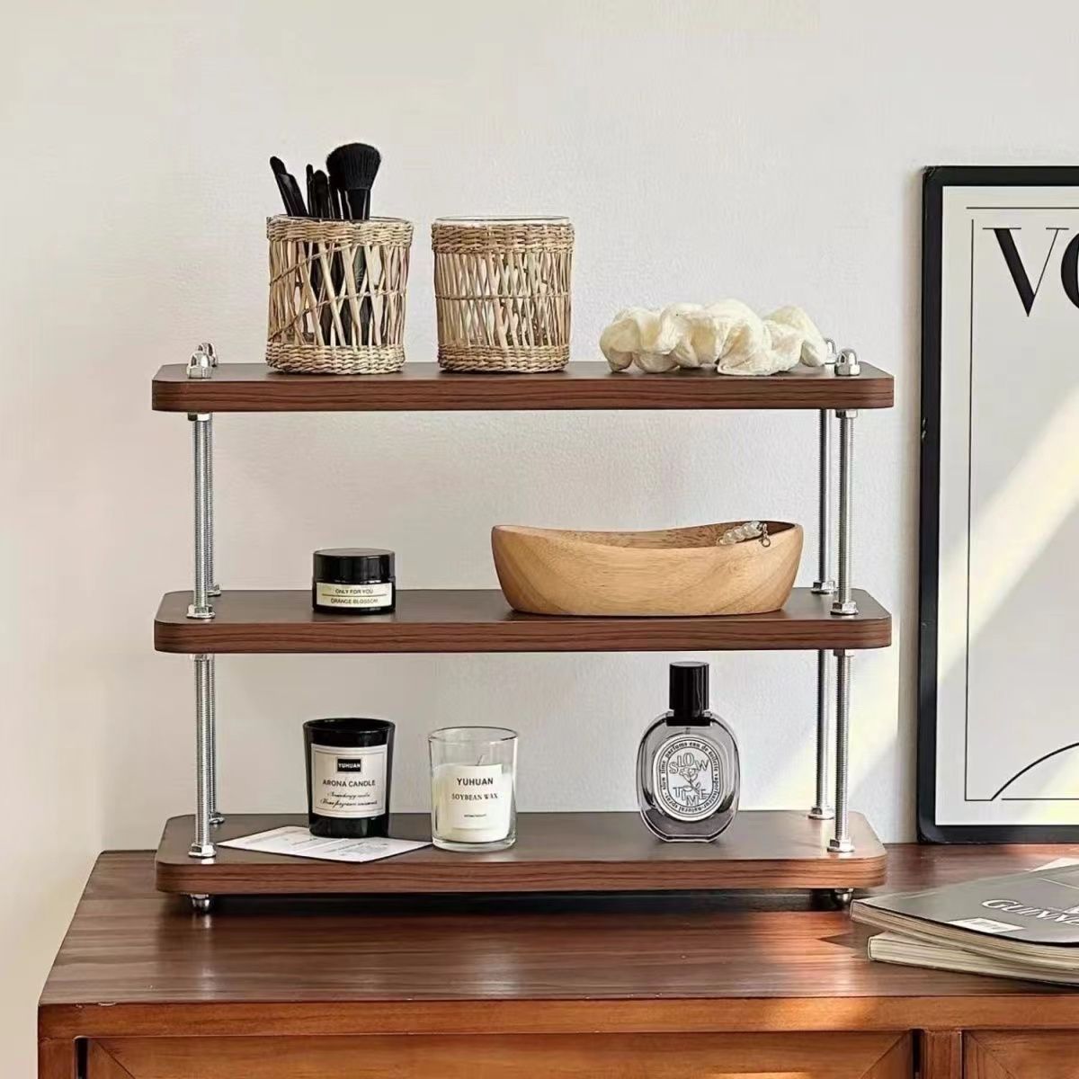 置物架中古风可调节架子厨房客厅办公室工位桌面夹缝收纳架茶杯架