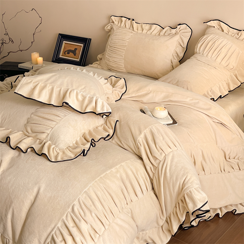 水星高端适用家纺A类法式高端花边皱褶宝宝绒四件套牛奶绒加厚加