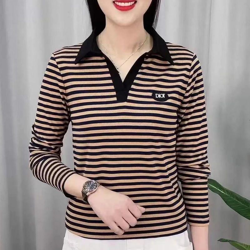 翻领长袖t恤女春款小衫polo中年洋气休闲上衣大码微胖妈妈气质