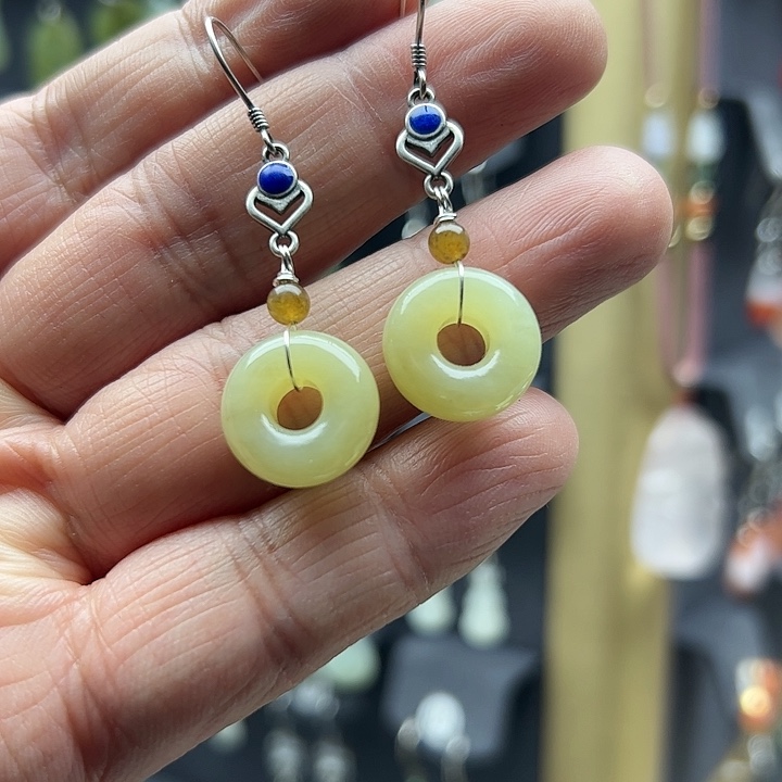 和田玉耳饰银S925镶嵌