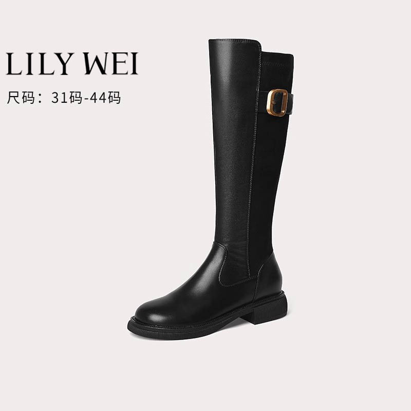 微瑕 介意勿拍 Lily Wei黑色马丁靴女秋冬平底拼接高筒长靴骑士靴