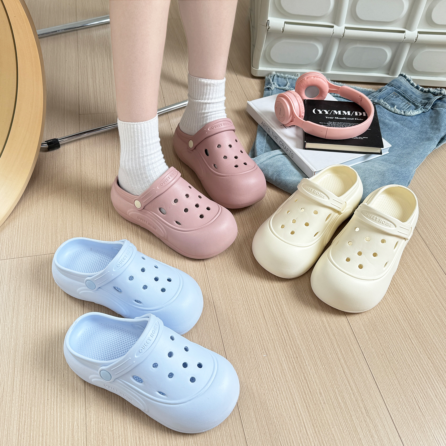 QUEEY HOME®夏季新款外穿5cm厚底增高女士洞洞鞋居家EVA防滑凉拖 