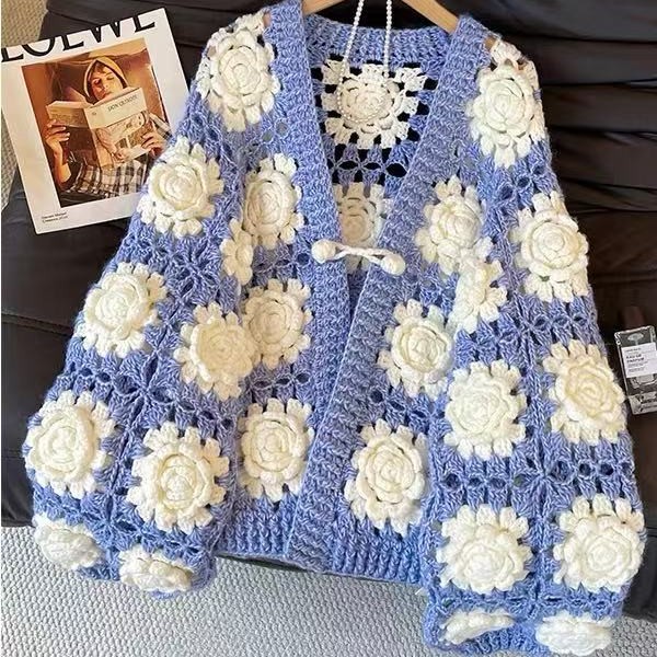 43号 手工钩织重工立体蓝底白花朵开衫毛衣