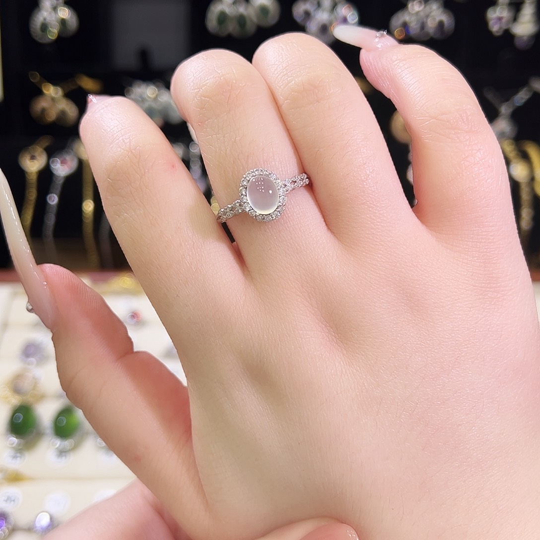 闻***菜蛇纹石玉银S925镶嵌戒指