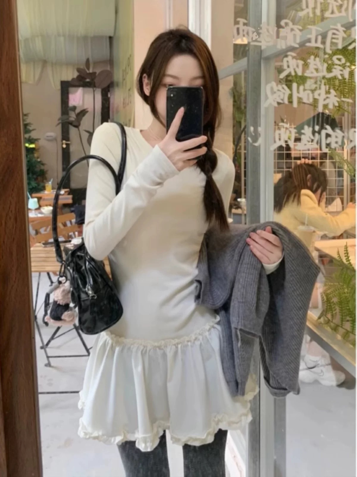 韩系花边拼接打底长袖连衣裙2025冬季新款修身显瘦德绒冬季女装