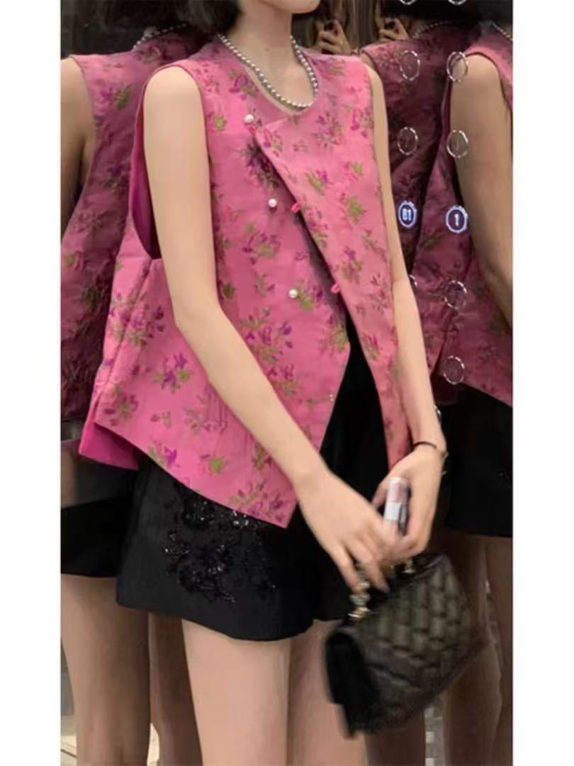 高级感别致新中式国风斜襟提花马甲背心H6844