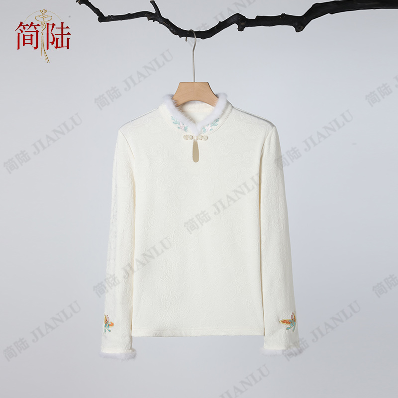简陆【望月】桑蚕丝水貂毛新中式立领盘扣厚款秋冬国风打底衫-10107