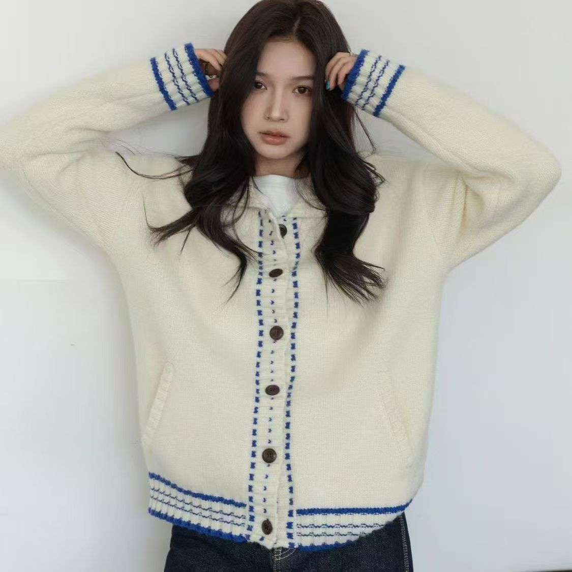 原版做法+针织质量+慵懒翻领针织衫针织设计新款毛衣开衫外套上衣