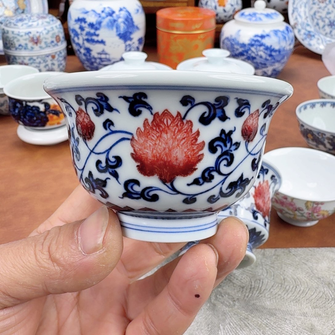 摆件陶青花釉里红压手杯