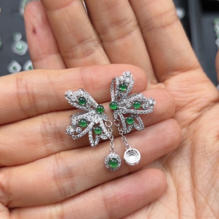 落***叶翡翠银S925镶嵌耳饰