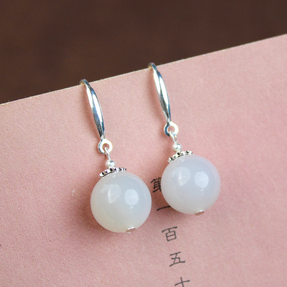S925银和田玉白玉12毫米圆珠耳坠银耳钩玉耳环银耳坠811525