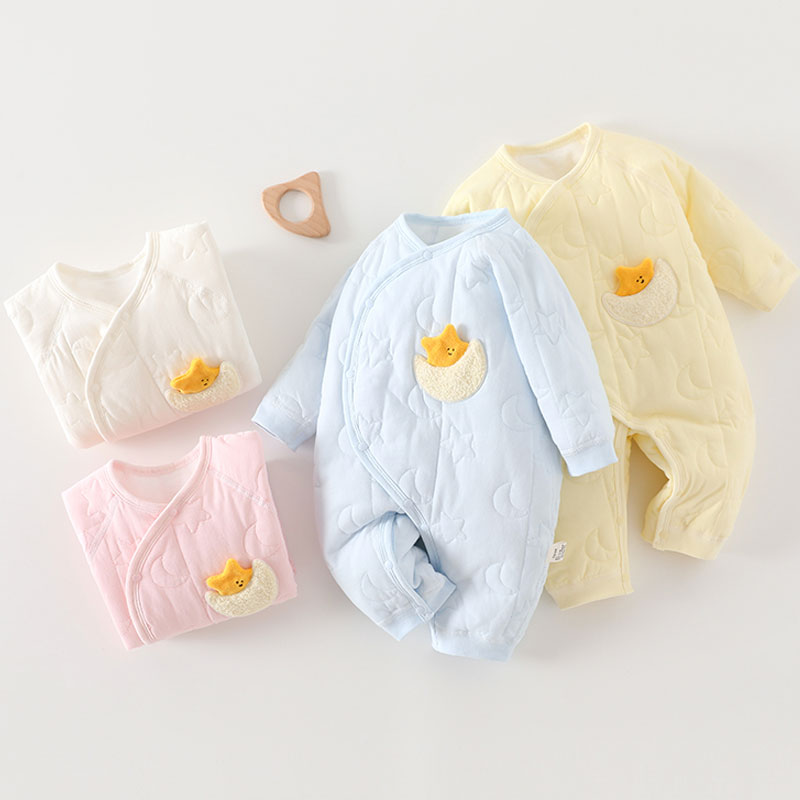 A类纯棉无骨婴儿连体棉袄夹棉加厚新生儿秋冬棉服偏扣宝宝保暖衣