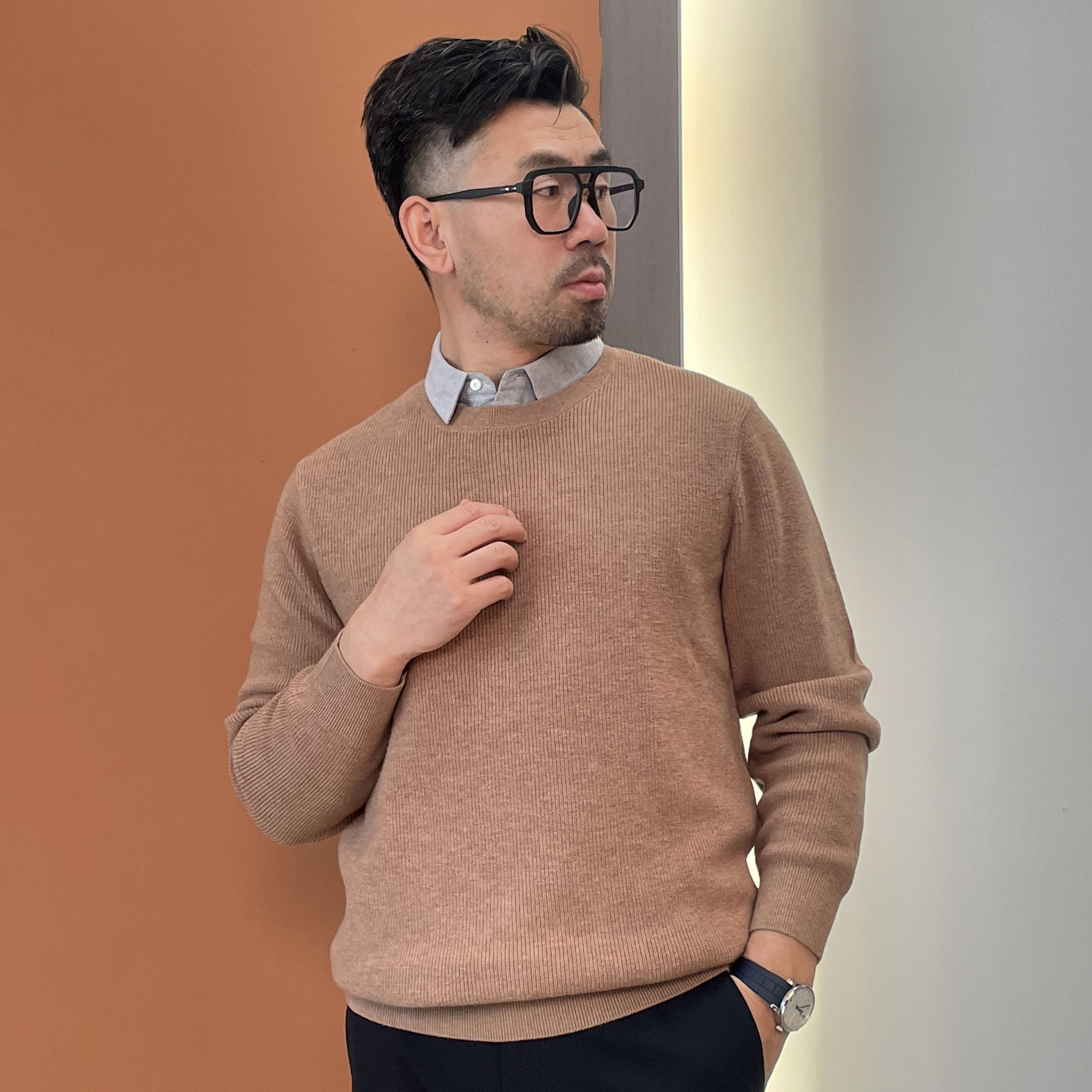 100%羊毛25新款假两件羊毛衫男士宽松商务时尚衬衫领衫套头翻领