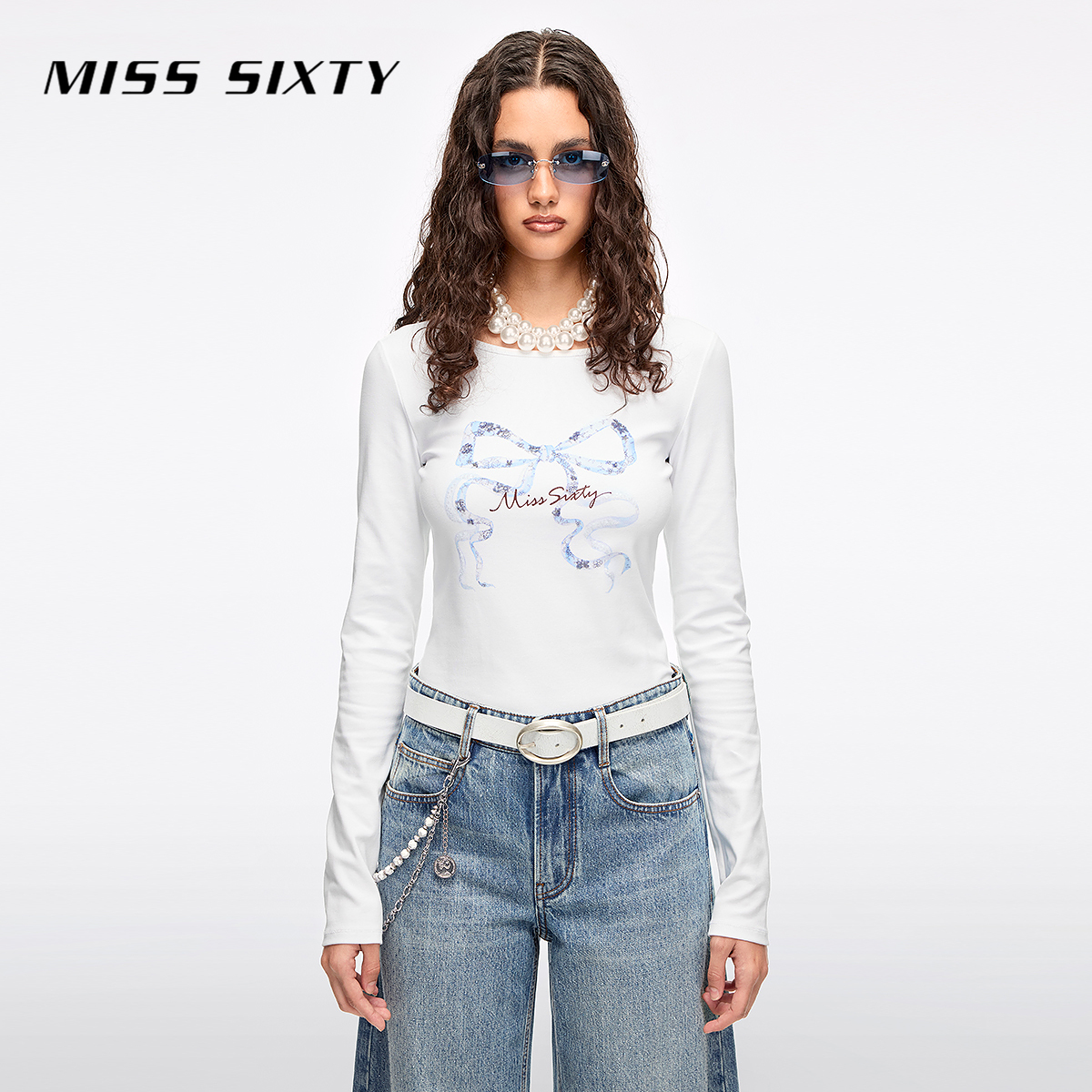 Miss Sixty2026春季新款T恤女圆领重工钉珠亮片蝴蝶结修身显瘦