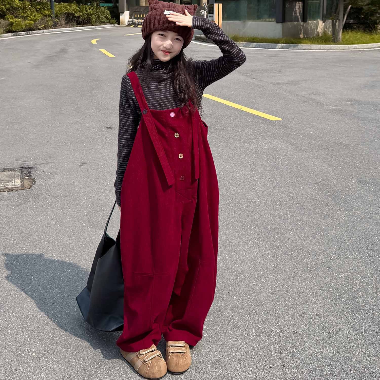 儿童裤子女2025新款秋冬季韩版女童宽松背带裤洋气女孩复古休闲裤