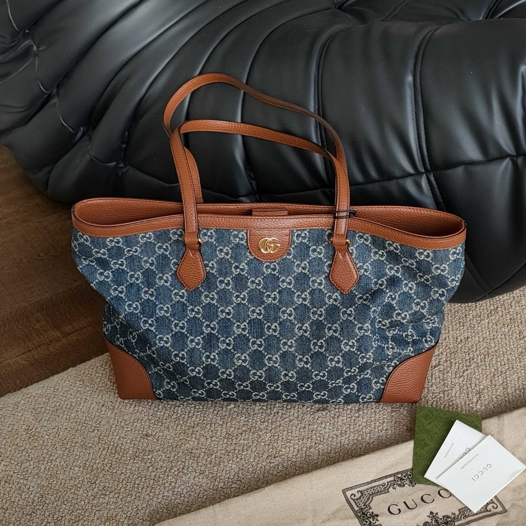 95新 GUCCI/古驰 Azul - 棕色拼牛仔 tote双G通勤手提包 38870   