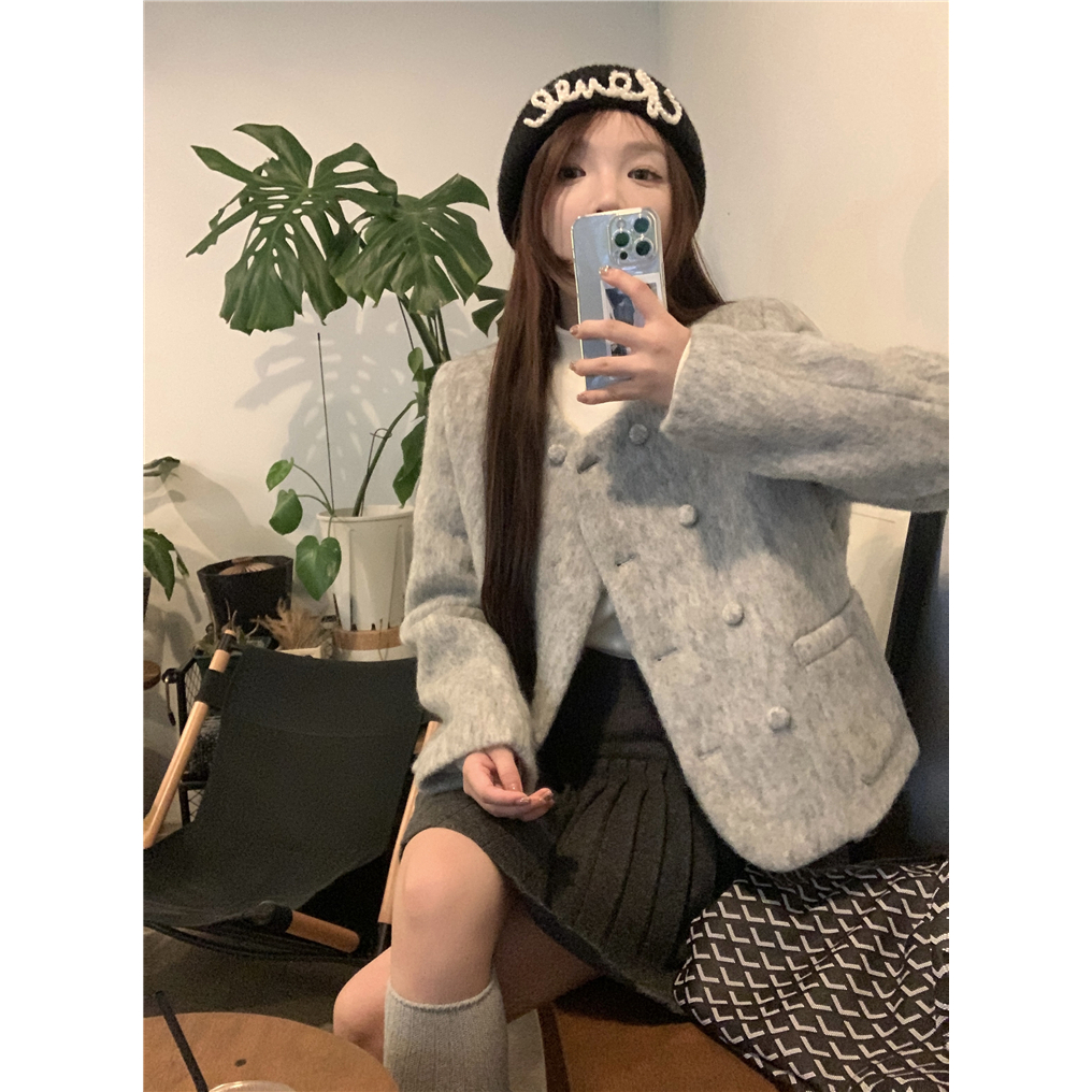 秋冬新款小香风高级感双排扣夹棉外套女韩系休闲上衣女16682