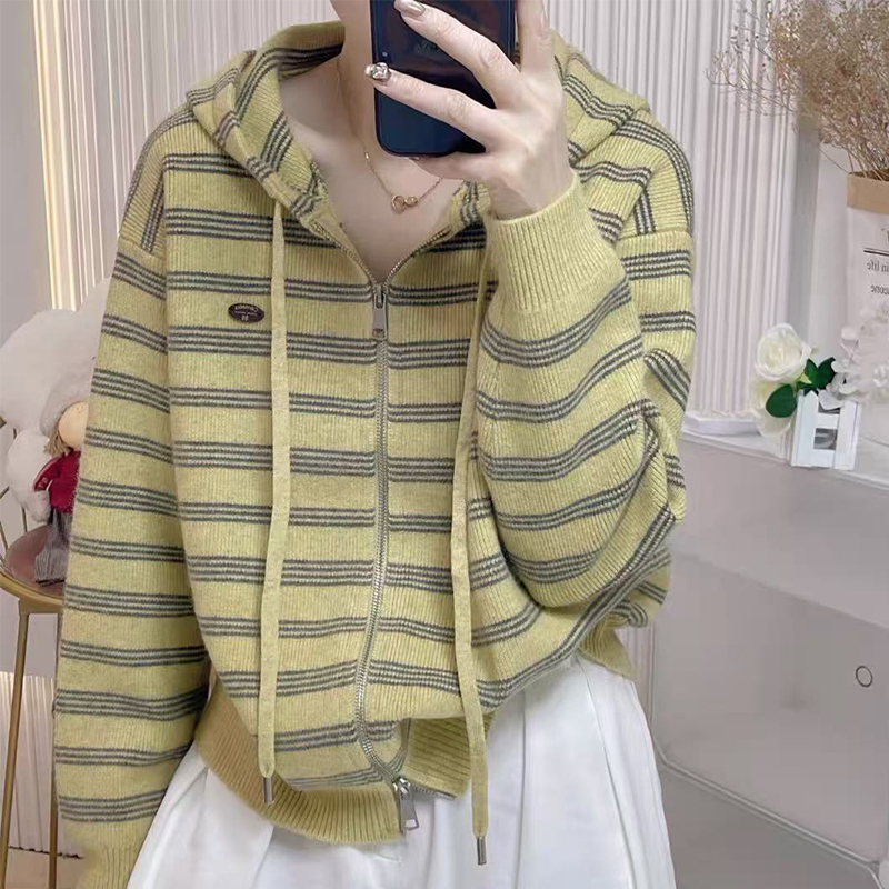【丹姐家~黄色条纹帽衫】连帽双拉链慵懒横条纹针织开衫外套上衣
