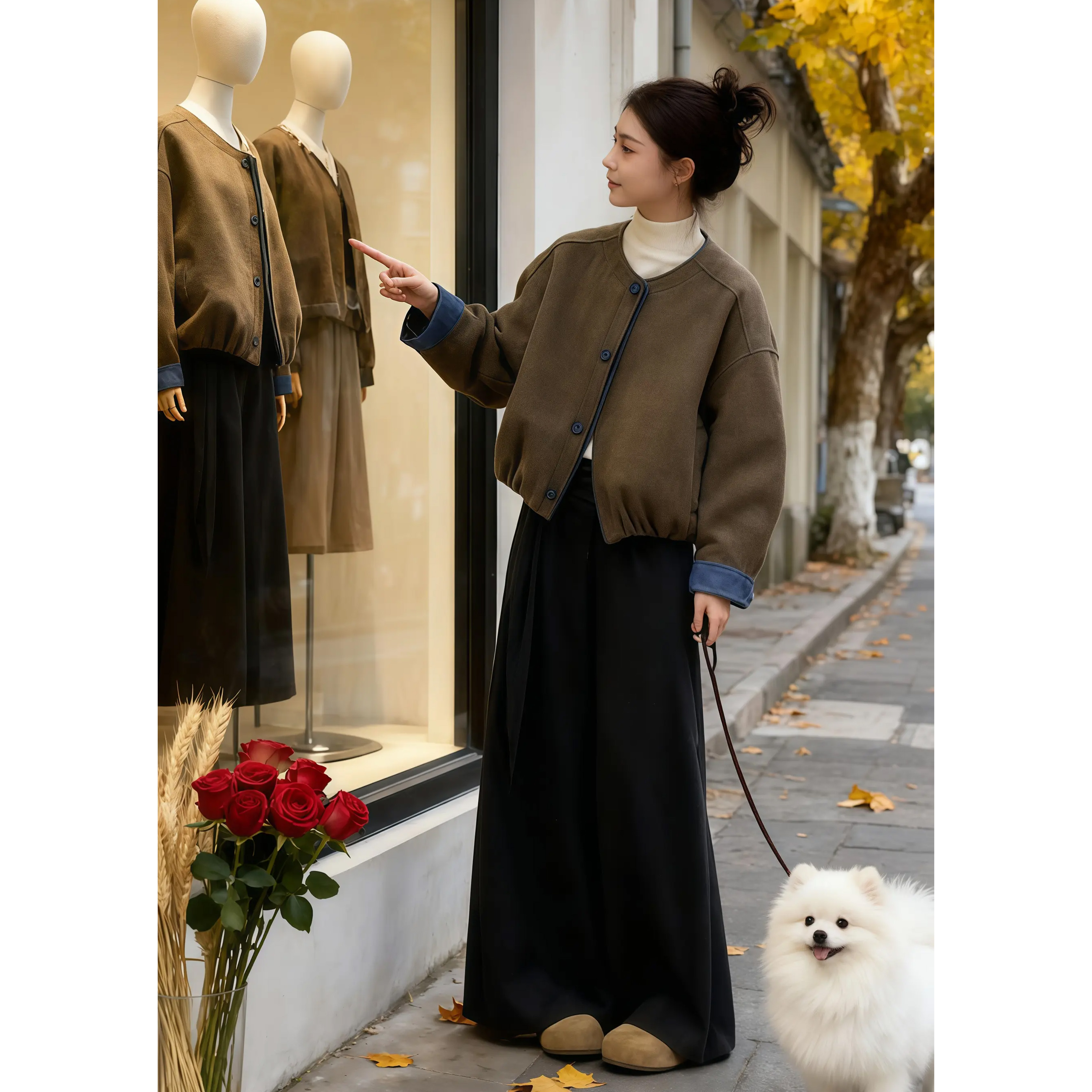 秋冬穿搭一整套韩系设计感复古撞色短外套休闲阔腿裤慵懒风两件套