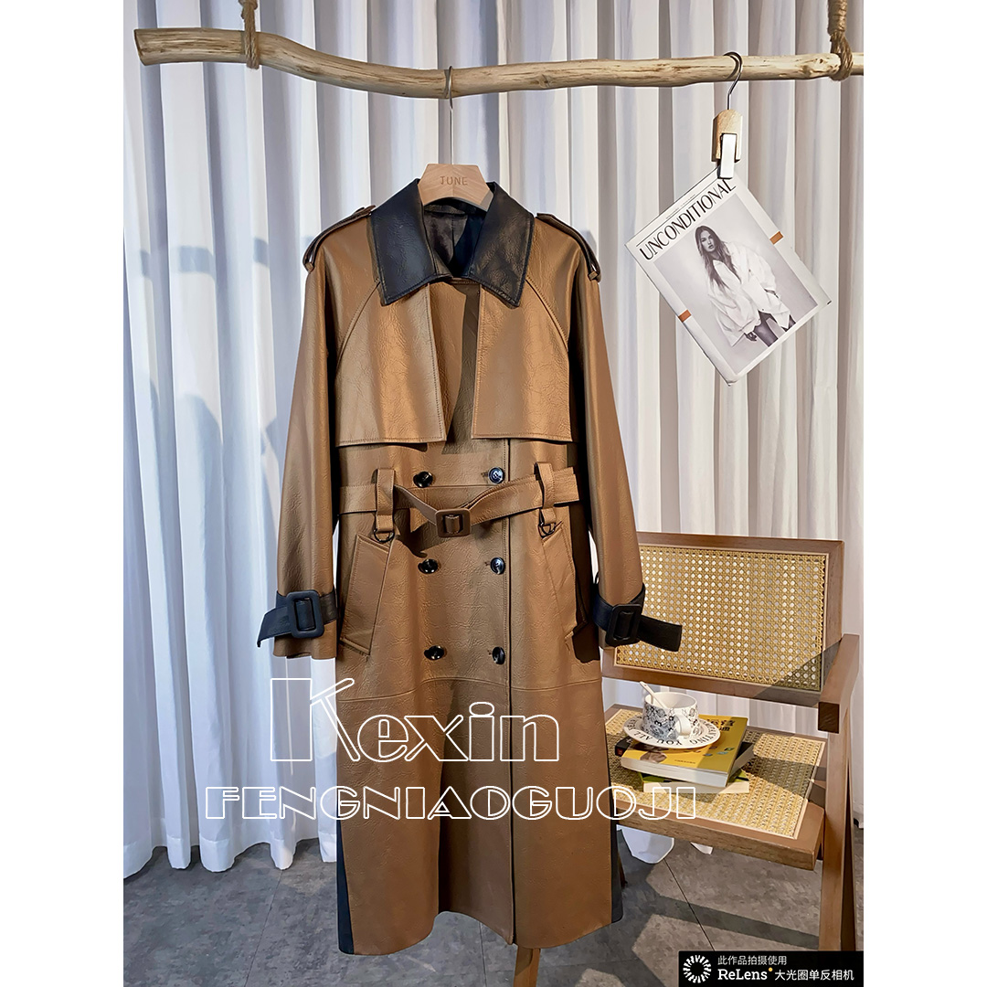 拼接时尚翻领春秋休闲宽松修身型常规袖皮衣秋季中长款外套日系