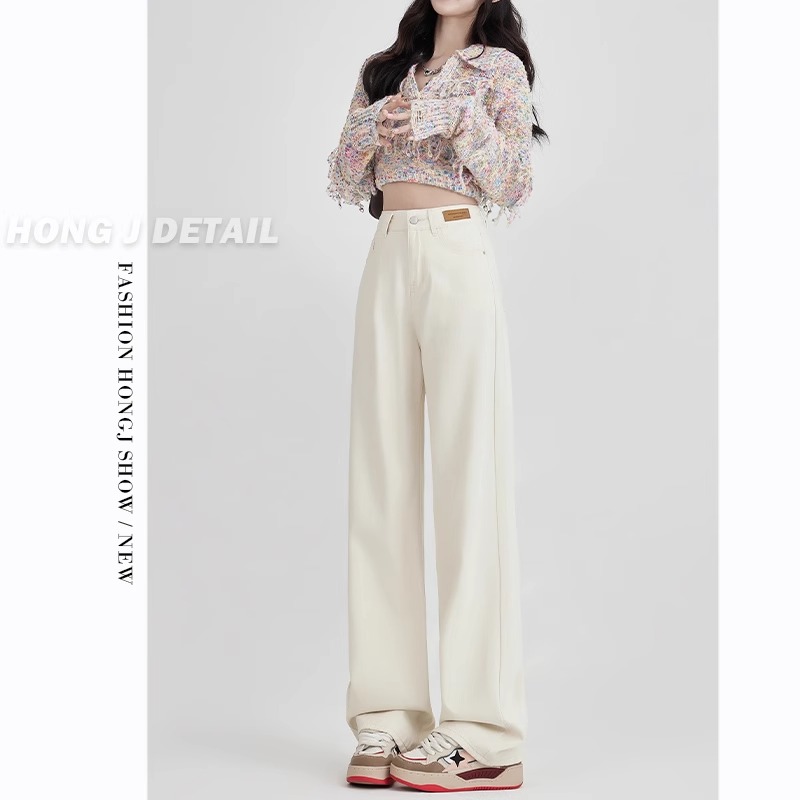 米白色阔腿裤牛仔裤女春秋2025年新款百搭高腰显瘦直筒裤拖地裤子