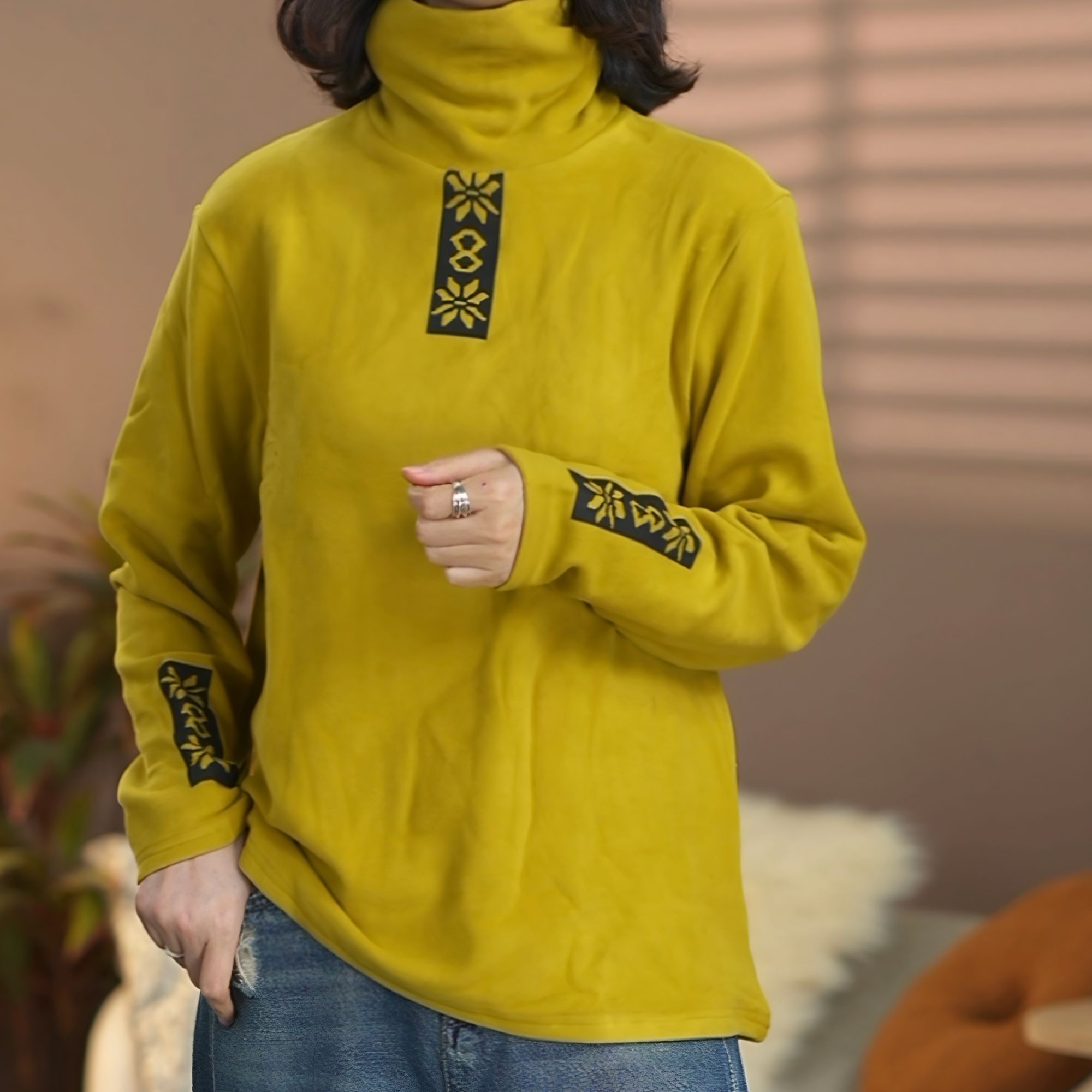 高领双面绒加厚保暖卫衣秋冬印花时尚女百搭长袖宽松型打底上衣