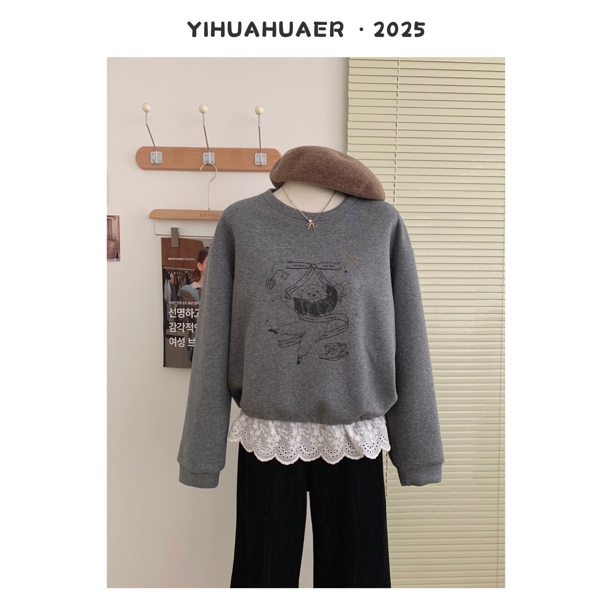 【芭蕾熊熊】东大门韩系小熊印花拼接蕾丝圆领卫衣2143