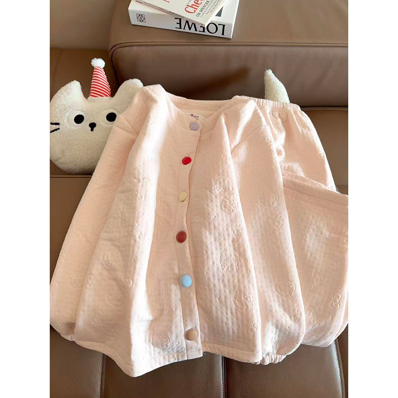 空气棉睡衣女秋冬季款卡通kitty纯色夹层棉长袖保暖可外穿家居服
