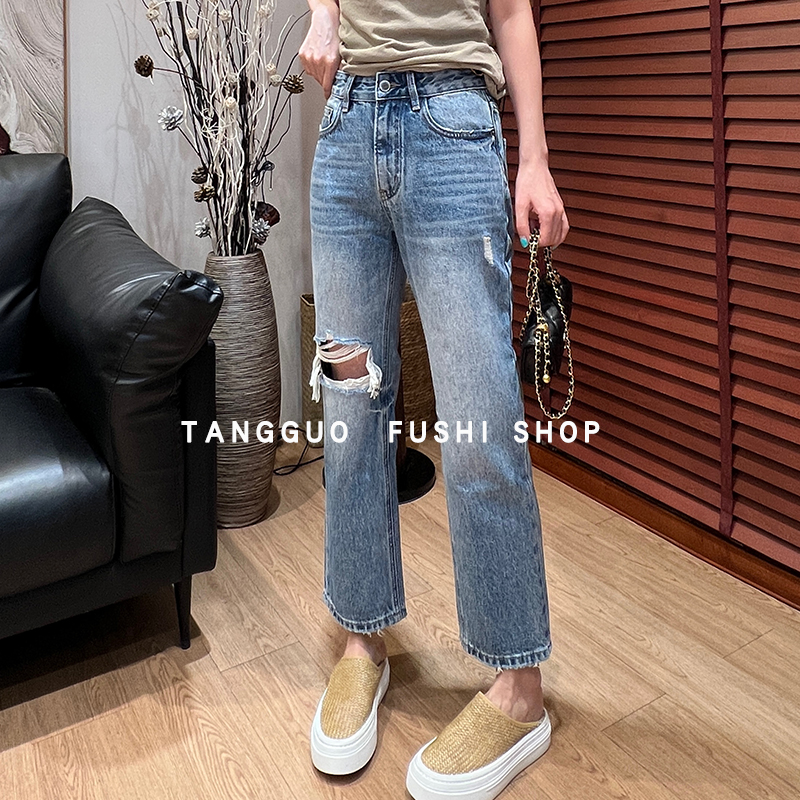 【新号福利】夏季无弹九分裤『破洞』显瘦小直筒牛仔裤女69911