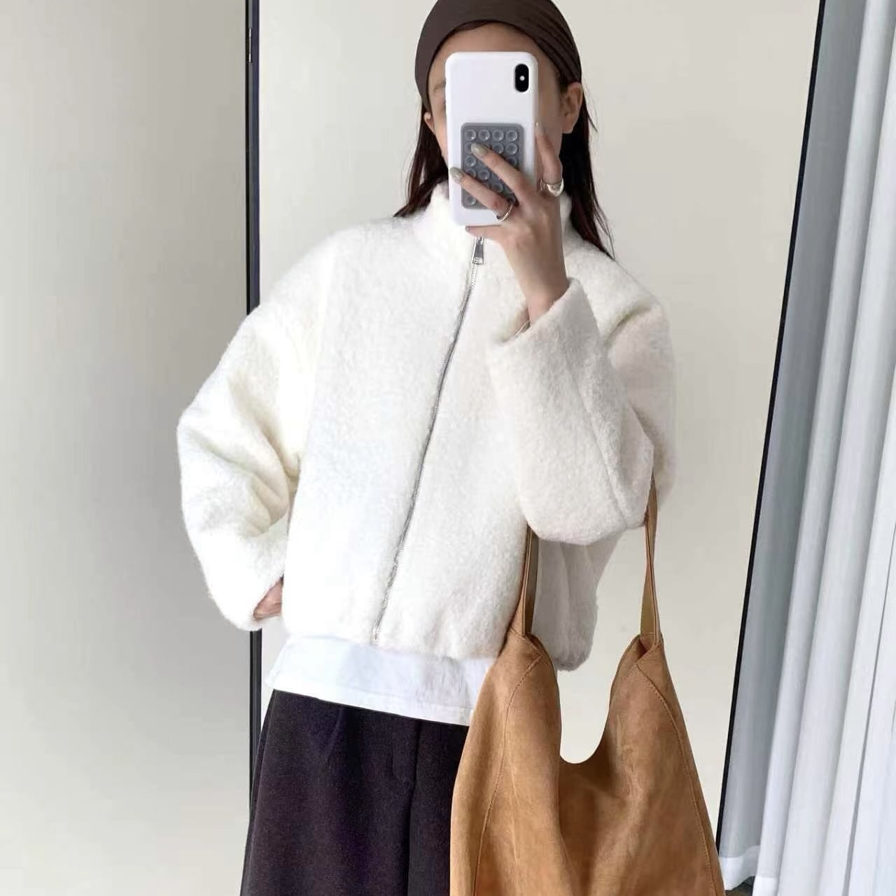 软乎乎  温柔复古夹棉显瘦简约短款外套女冬季圈圈毛夹克上衣