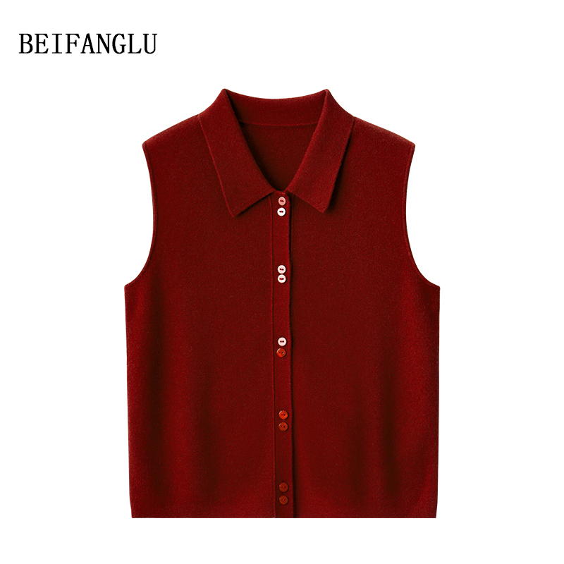 北方鹿【叠穿伴侣】100绵羊毛早秋法式气质POLO领无袖针织开衫26558