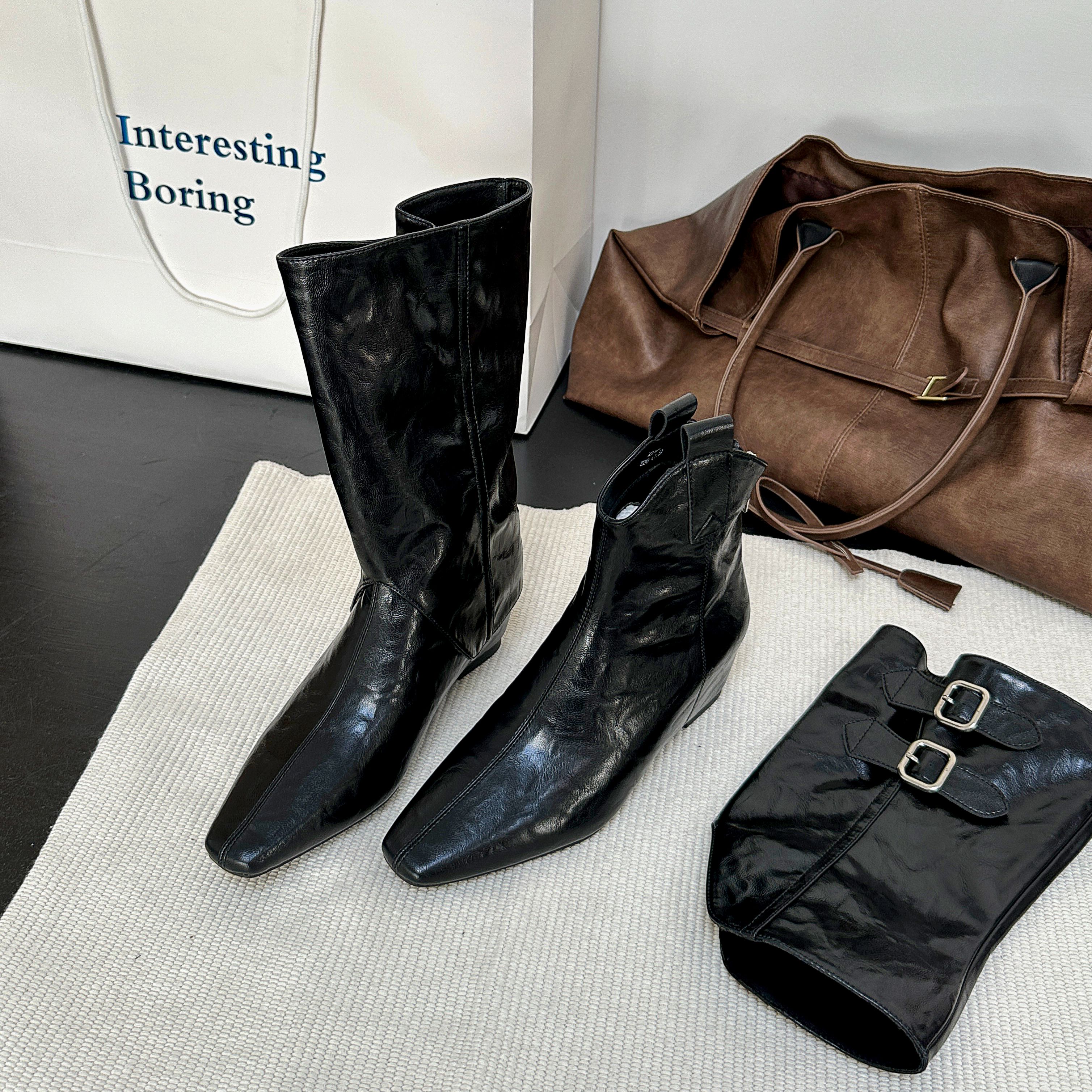 2025冬季可拆卸一靴两穿骑士靴女皮带扣中筒靴胖mm宽筒D30844