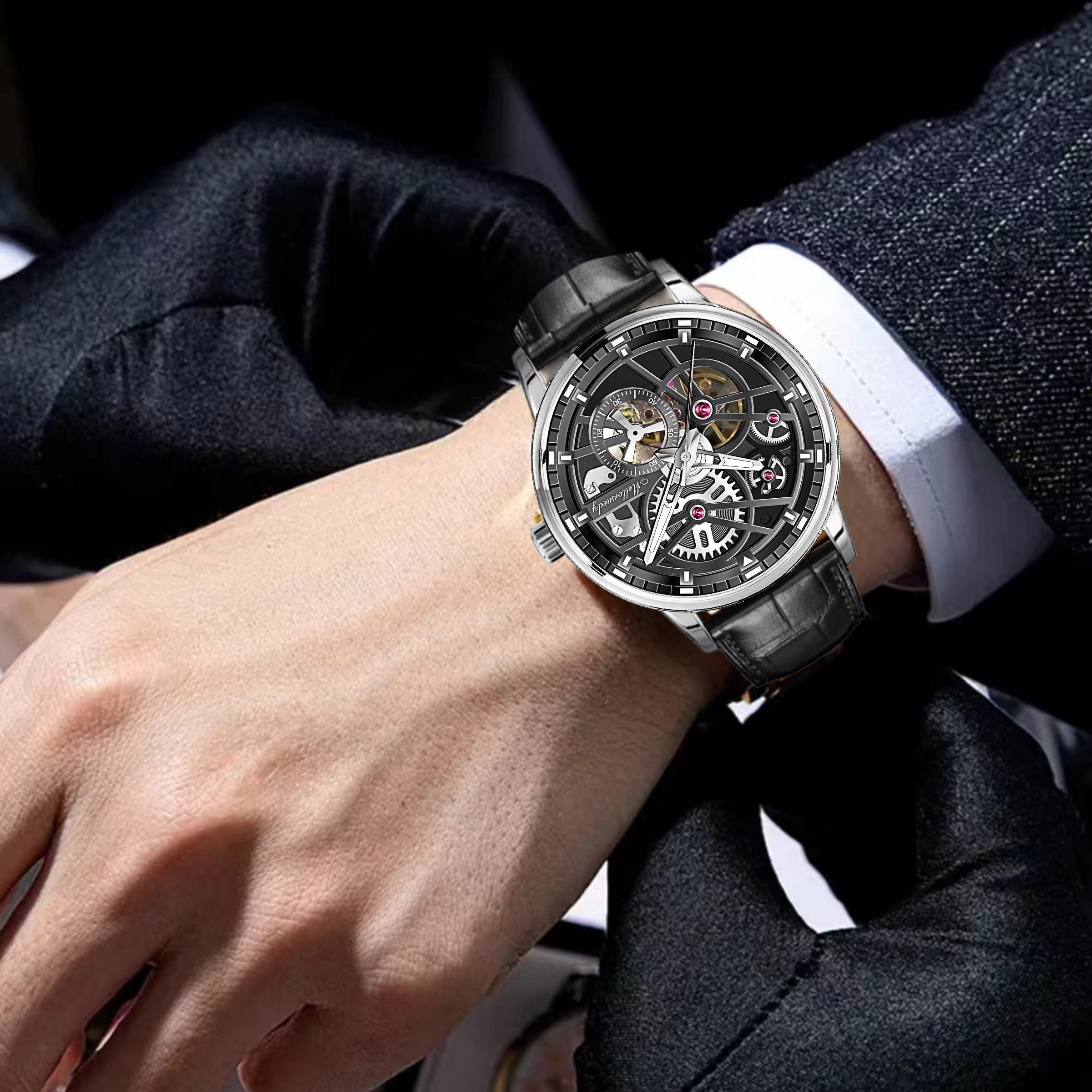 全自动机械男表商务镂空时尚男士皮带手表