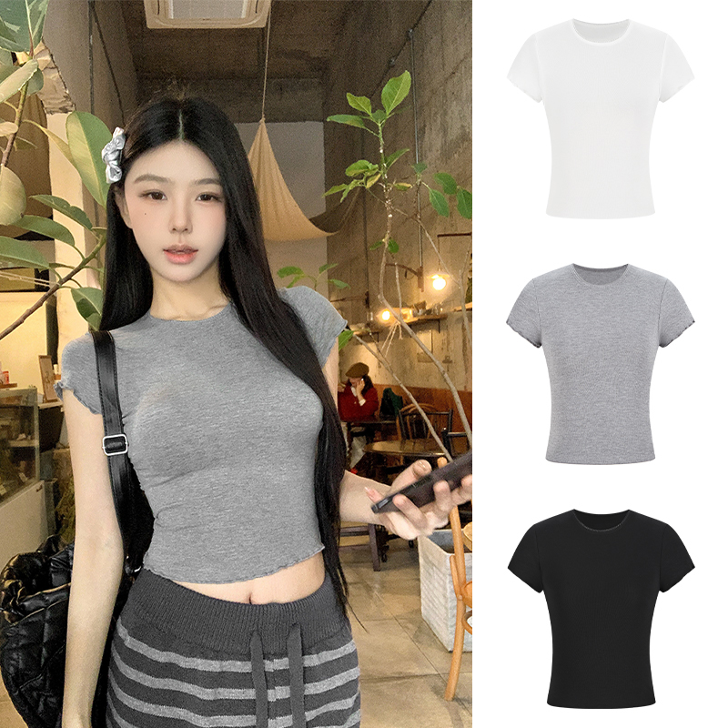 Moses Queen/魔西女王正肩紧身木耳边打底T恤女修身显瘦短袖上衣