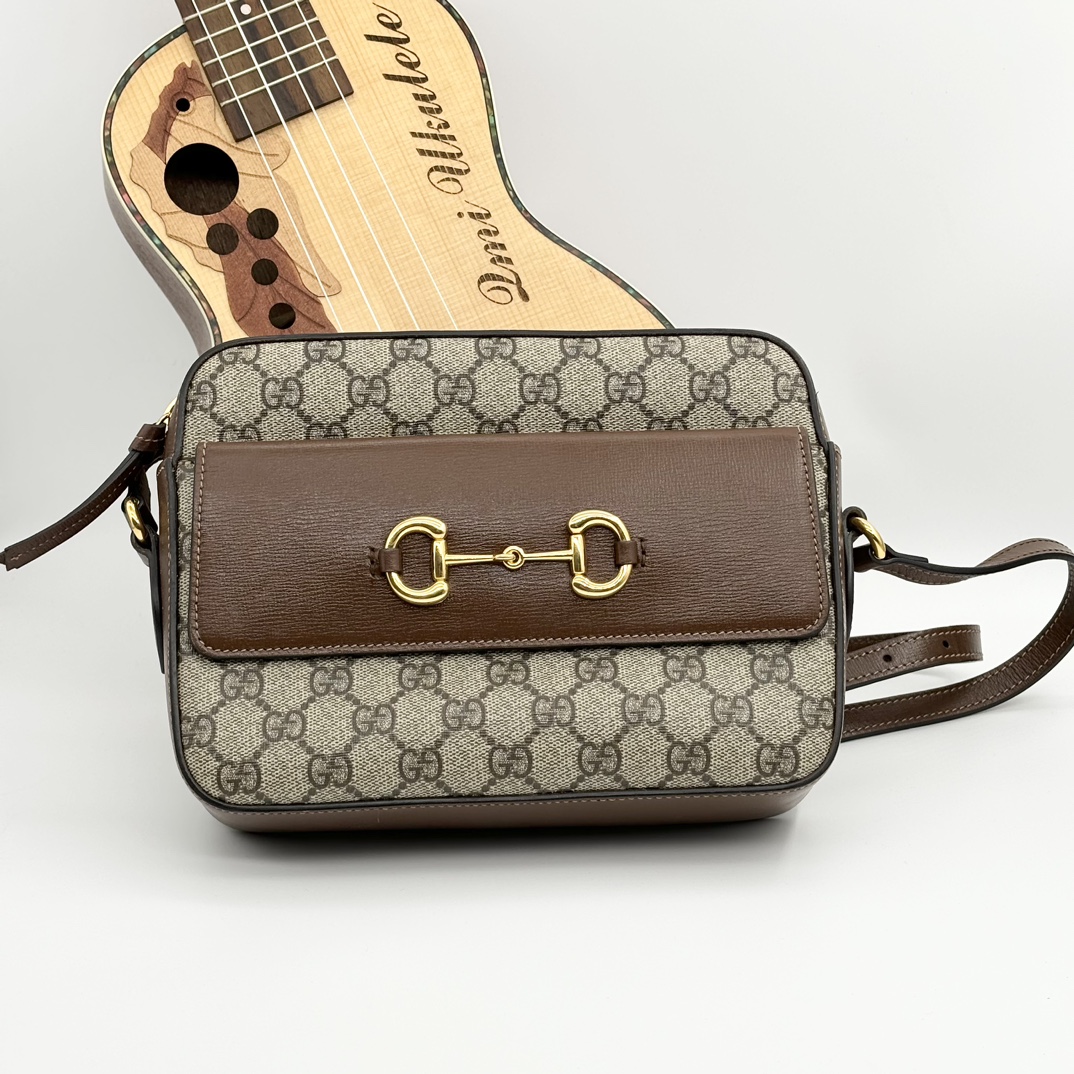 99新 GUCCI/古驰 1955系列  金扣乌木色 老花 相机 斜跨包