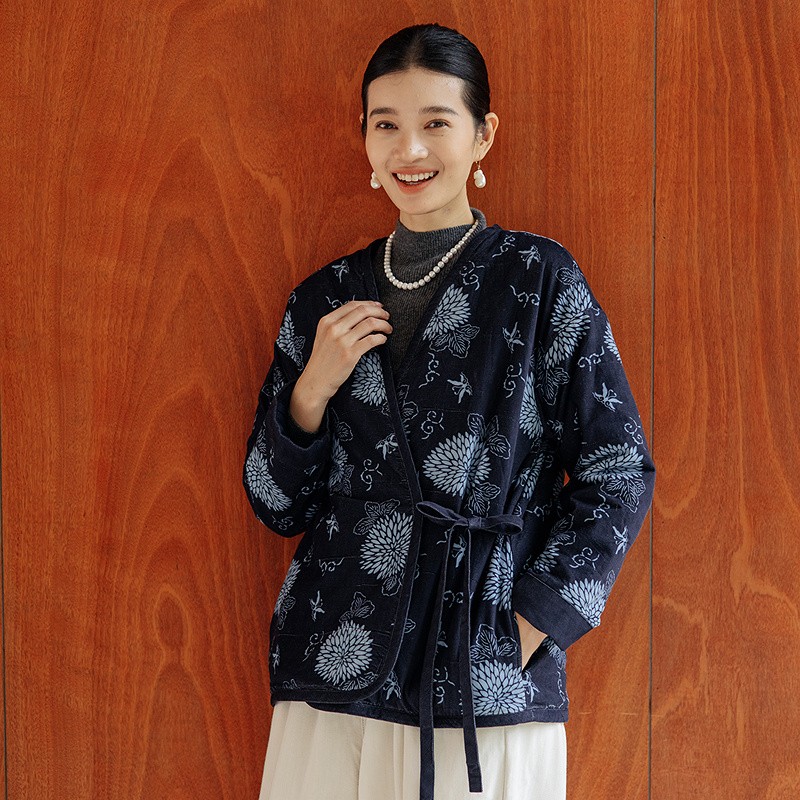 850朵/轻古典中式风细条灯芯绒全棉印花v领夹棉短外套棉袄