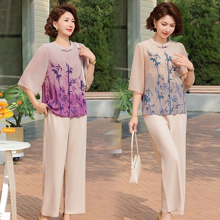 新中式妈妈夏装雪纺衫套装国风中袖小衫2025新款中老年女春夏上衣