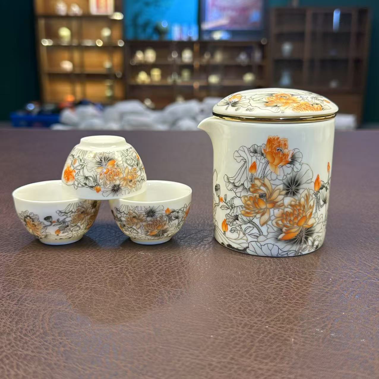 水墨金莲 一壶三杯 陶瓷 旅行茶具