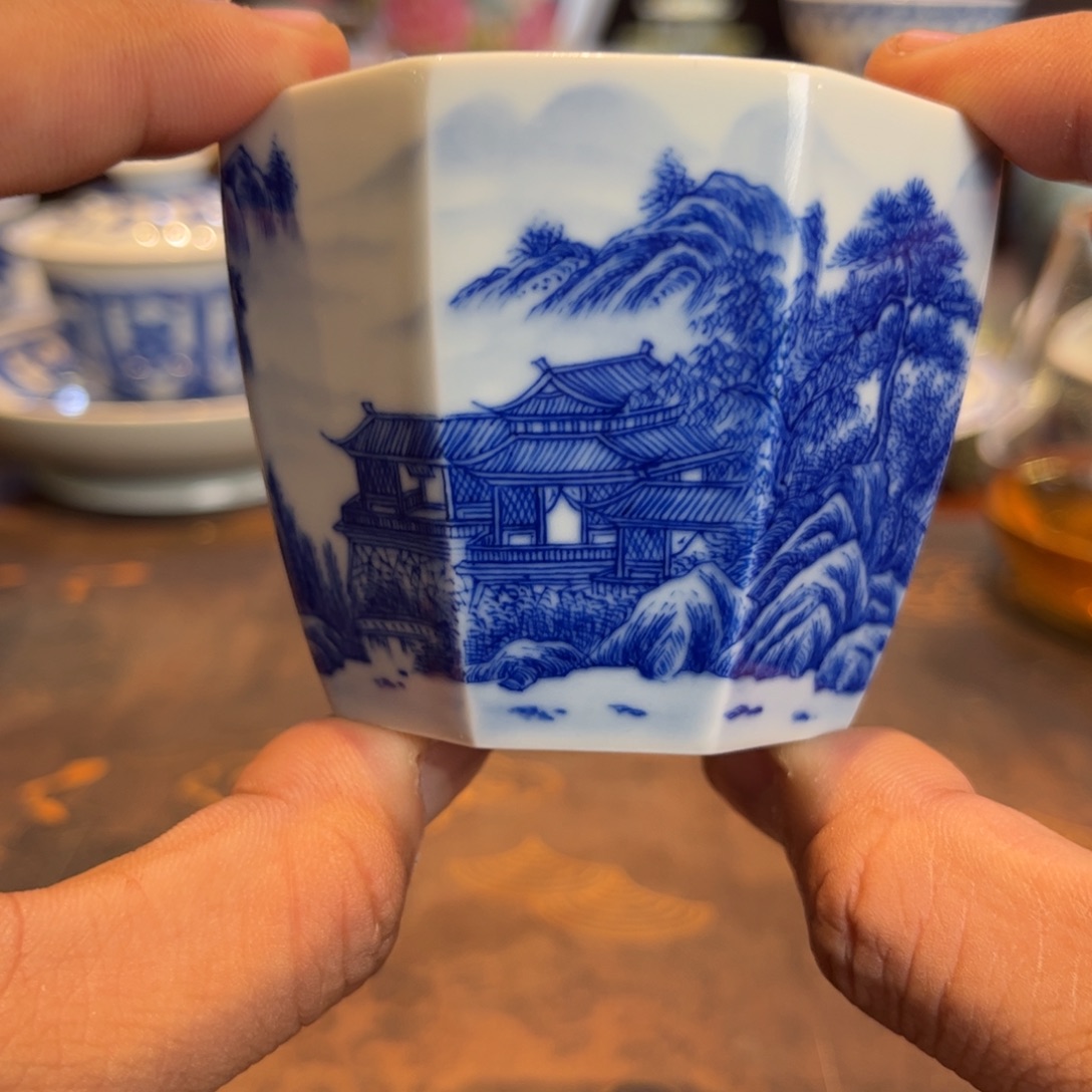 青花山水八方主人杯