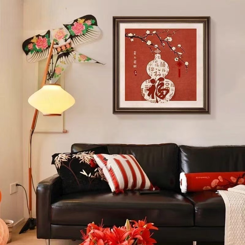 葫芦轻奢砂岩风格红底装饰画 文艺高级感卧室饭厅挂画ZD05