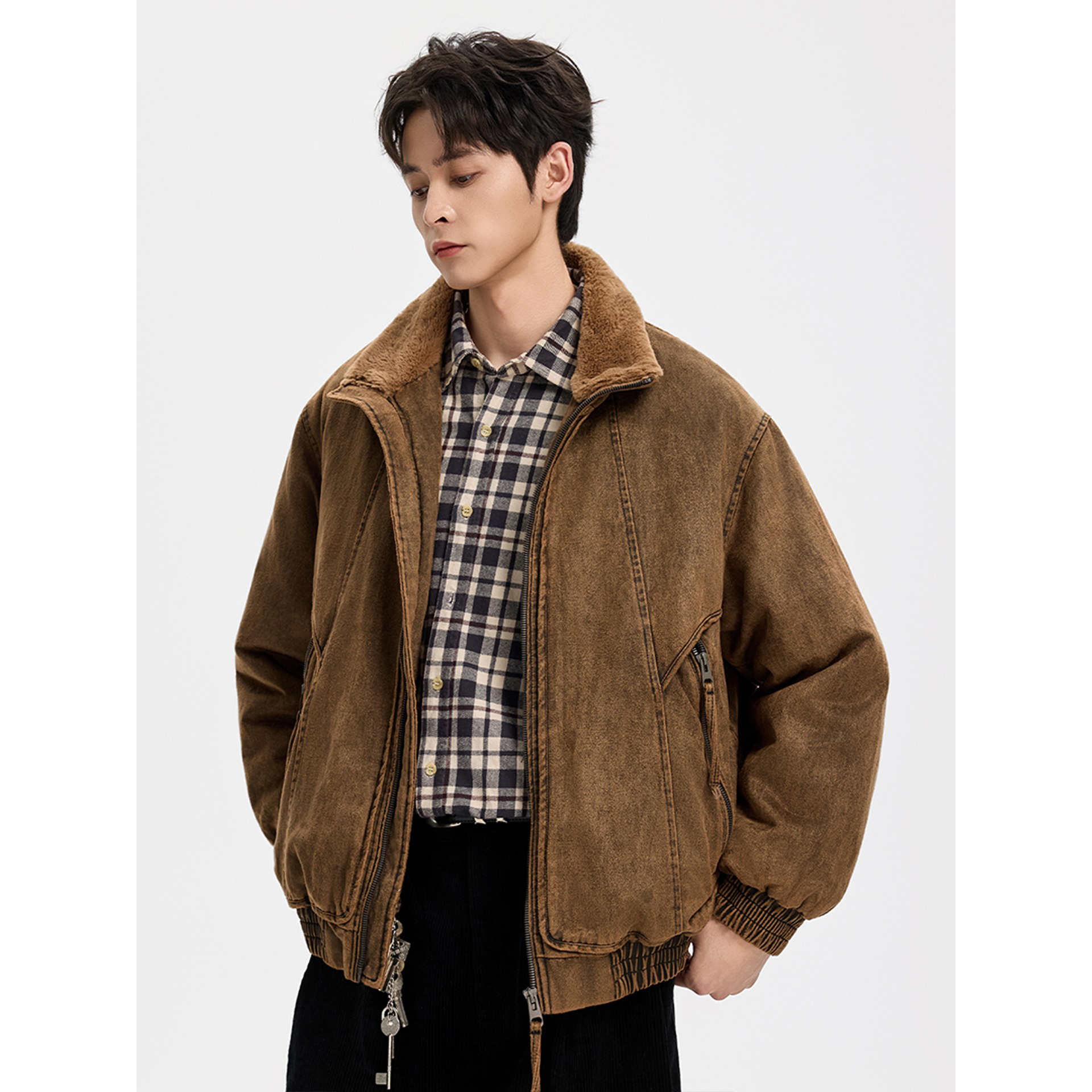 赞仕重磅复古座山雕加厚水洗复古翻领夹棉外套2025新款秋冬季0100