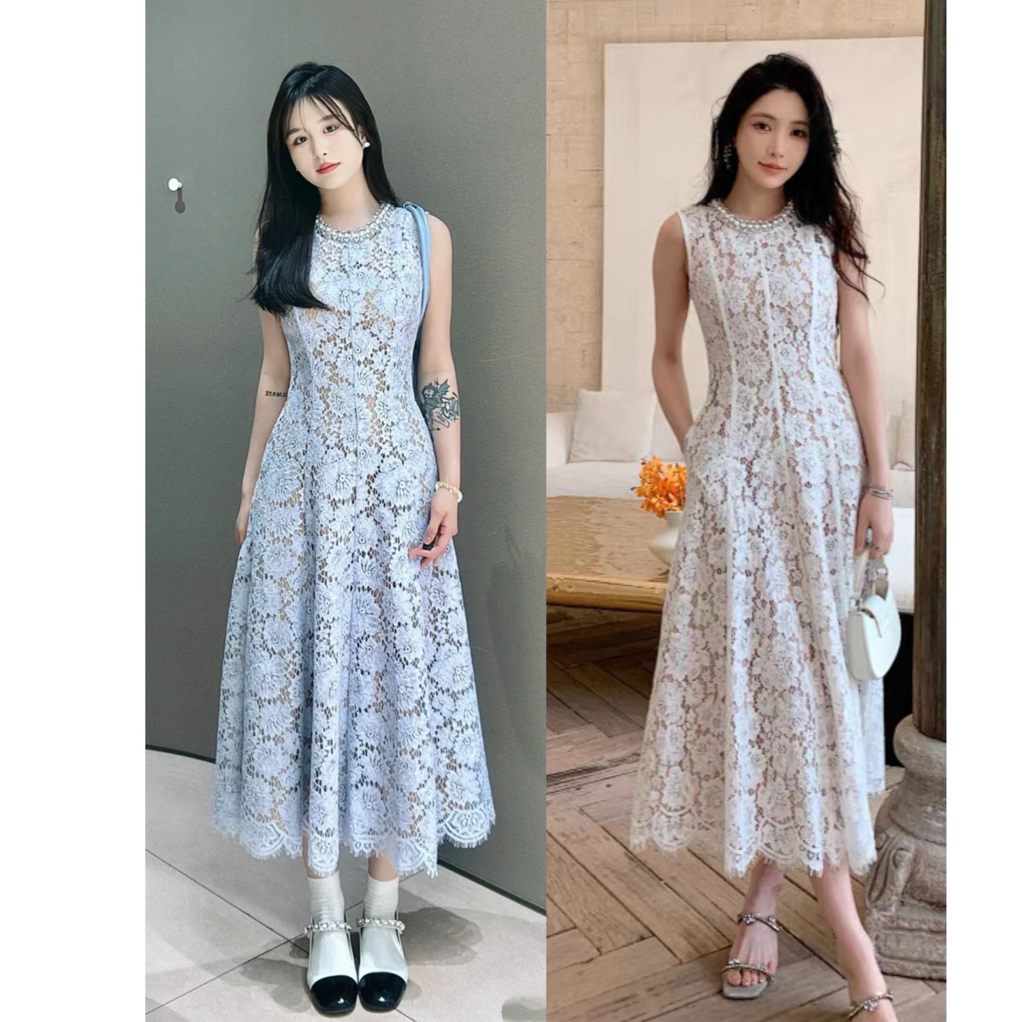 （珊珊家）原原单单新款薄雾蓝重工珍珠钻饰无袖蕾丝连衣裙