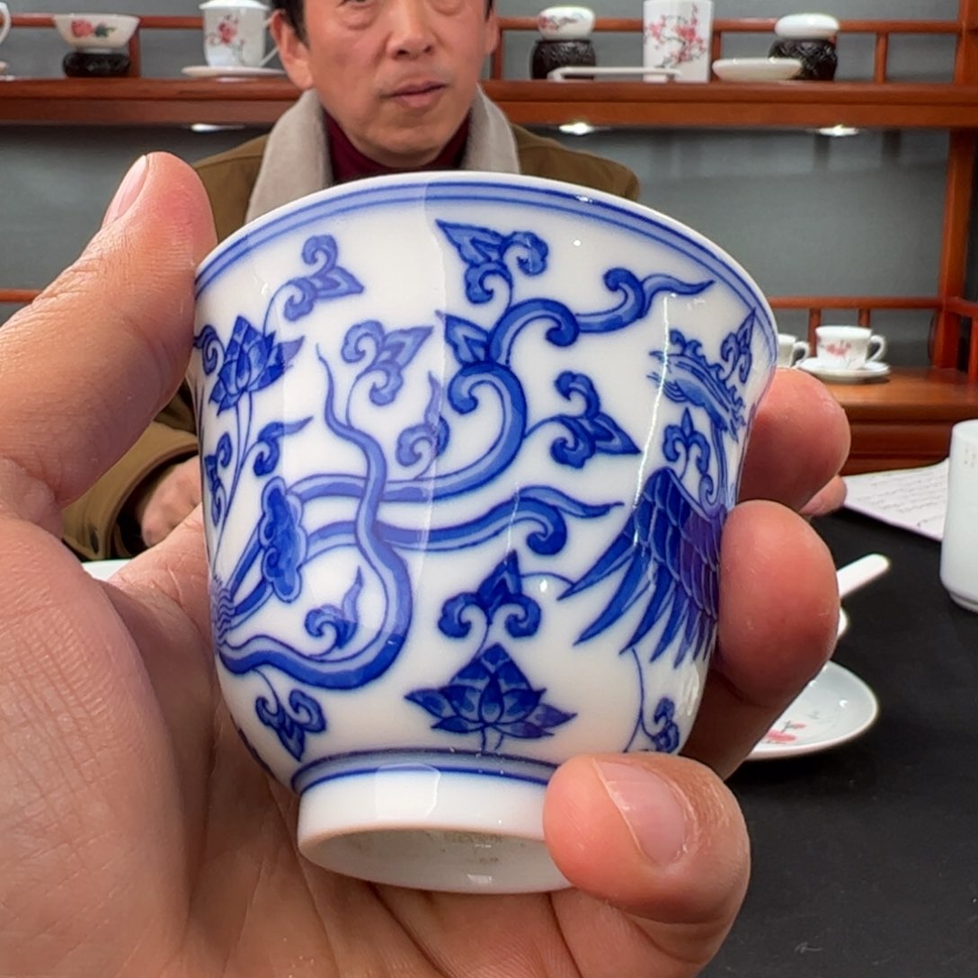 柴窑青花双凤铃铛杯一级品