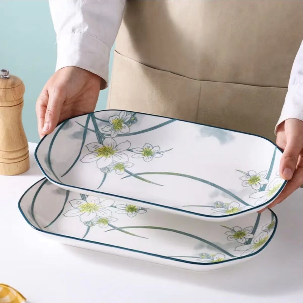 鱼盘两只12英寸水仙花大鱼盘家用盘子长:30.8cm/宽:18cm/高:3.8cm