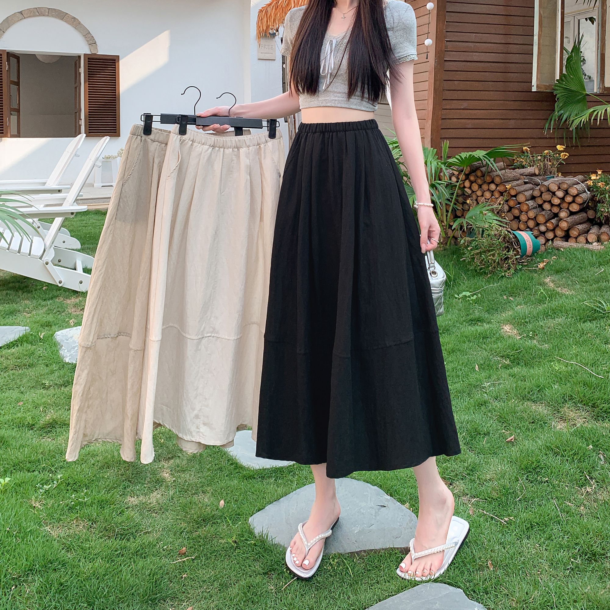 莱赛尔亚麻半身裙女春夏新款气质半裙宽松空气感高腰长款a字裙