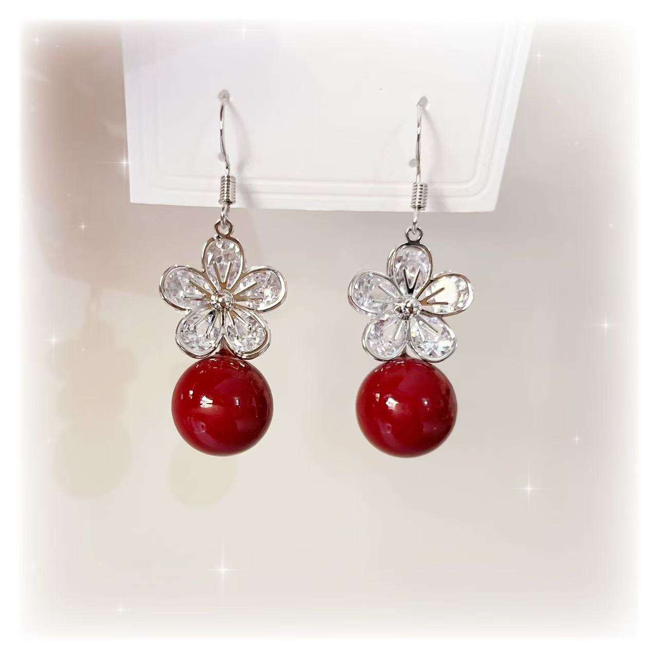 合金耳饰 1706合金高级感满锆车厘子红贝珠耳环