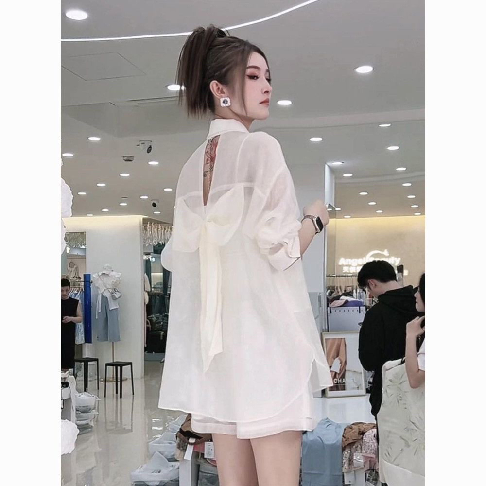 2025新款夏季时尚蝴蝶结露背防晒微透显瘦宽松长版衬衫