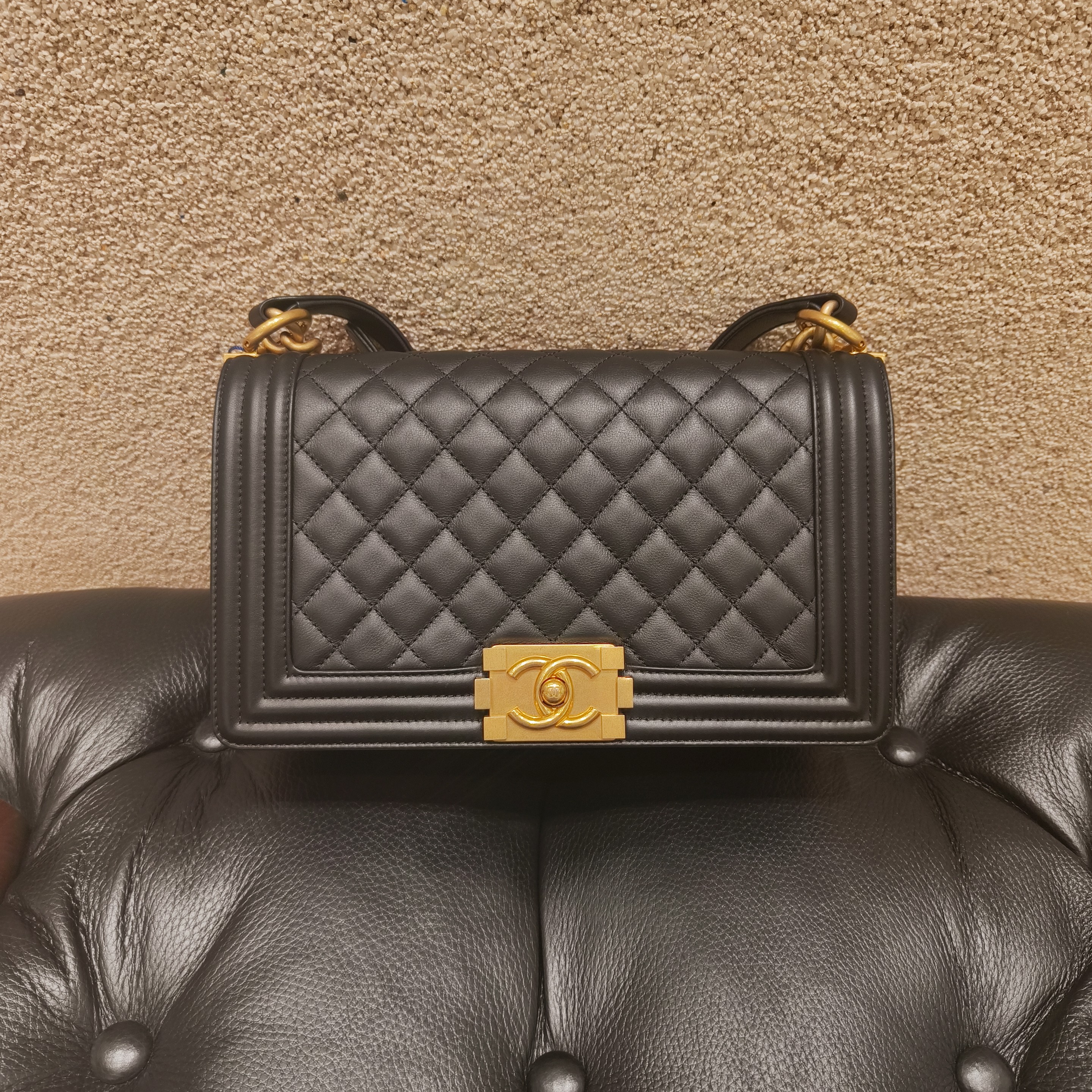 99新 Chanel/香奈儿 Chanel Leboy 黑色 菱格纹中号金扣芯片