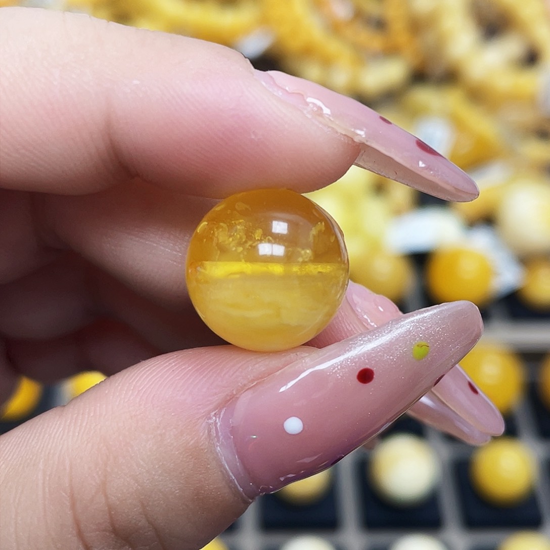 银S925镀金镶嵌琥珀珠宝奇石15mm圆珠瑕