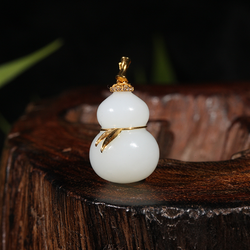 【叶叶珠宝】019和田玉新疆白玉葫芦+18K金时尚挂件吊坠20*14.5
